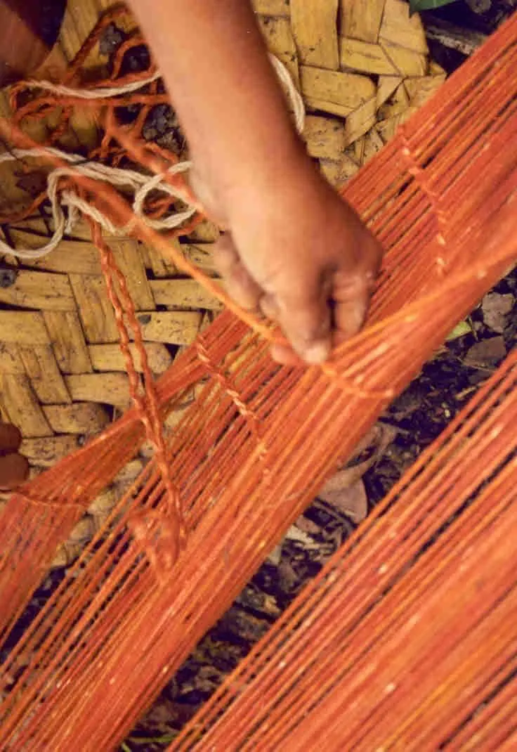 Manos trabajando fibras vegetales teñidas sobre una superficie de cestería tradicional